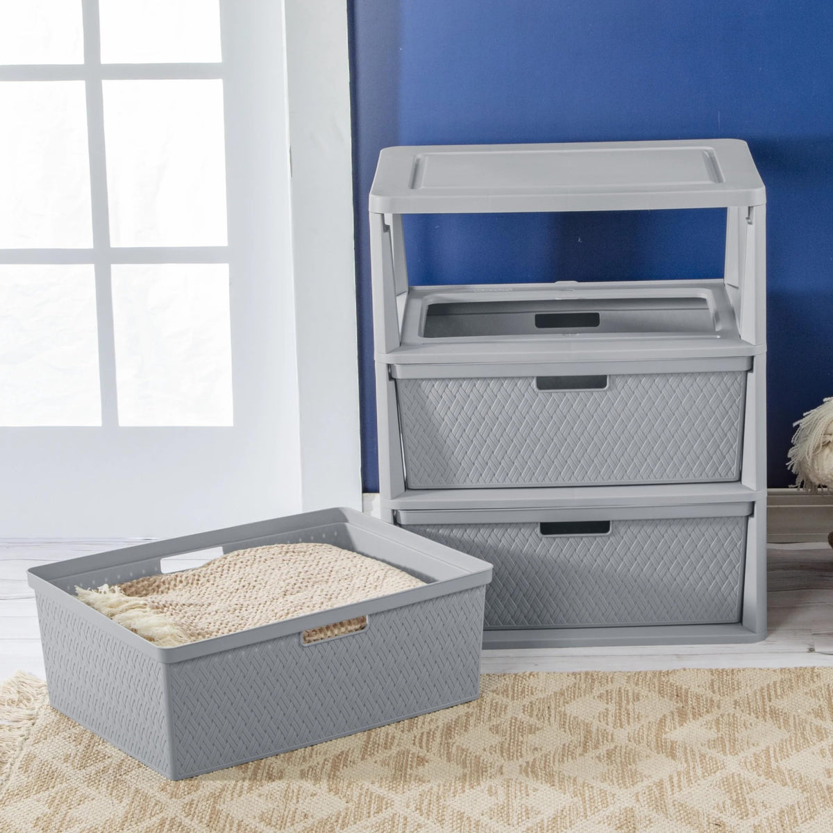 Wide 3-Drawer Plastic Storage Tower with Removable Bins, Gray B9369
