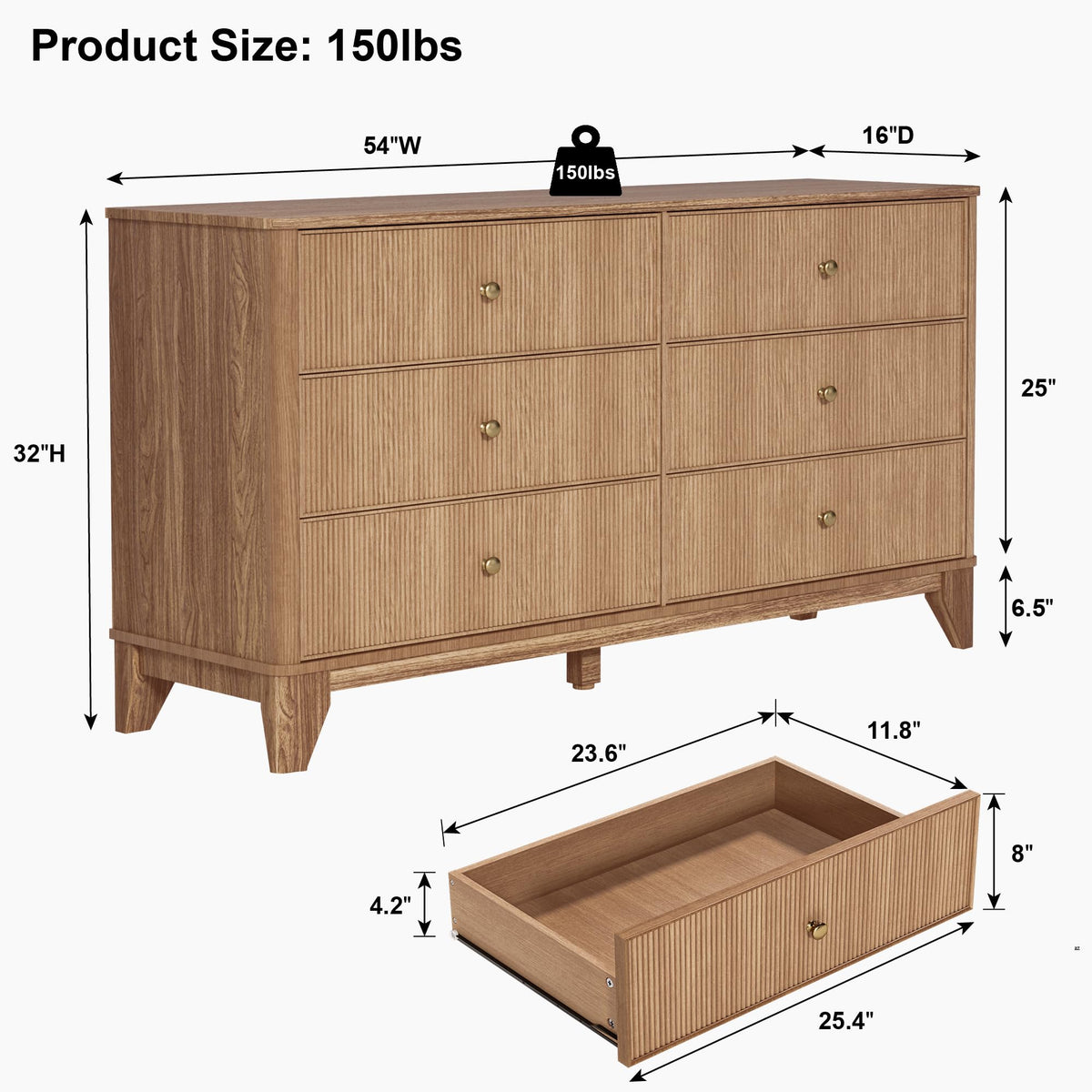 Fluted 6 Drawer Wood Dresser O32514