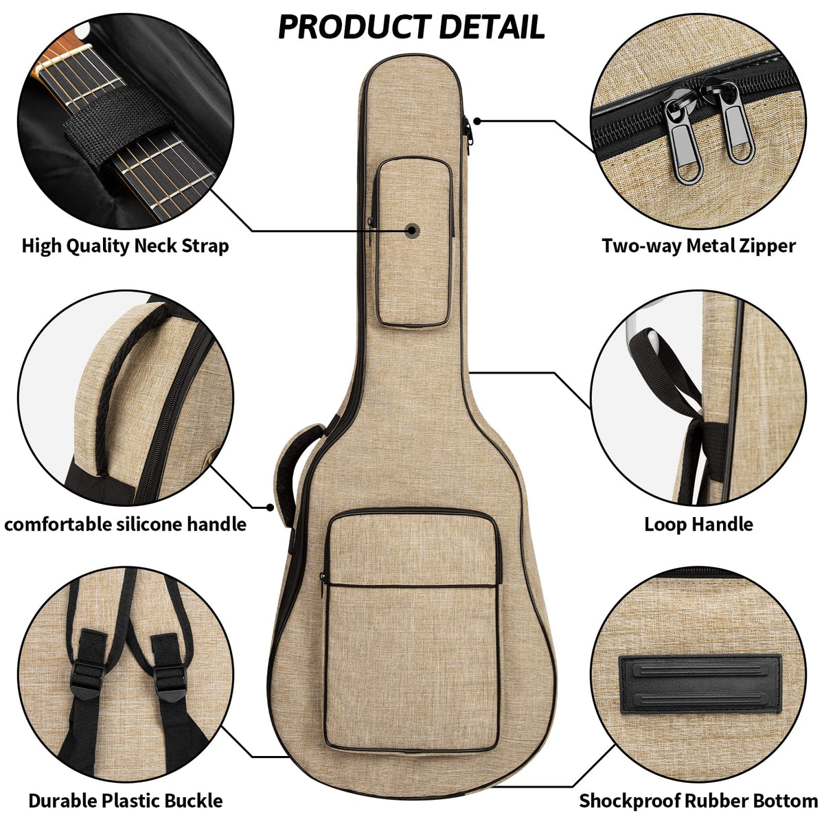 Khaki Acoustic Guitar Bag with Waterproof Padding and Shoulder Strap C8424