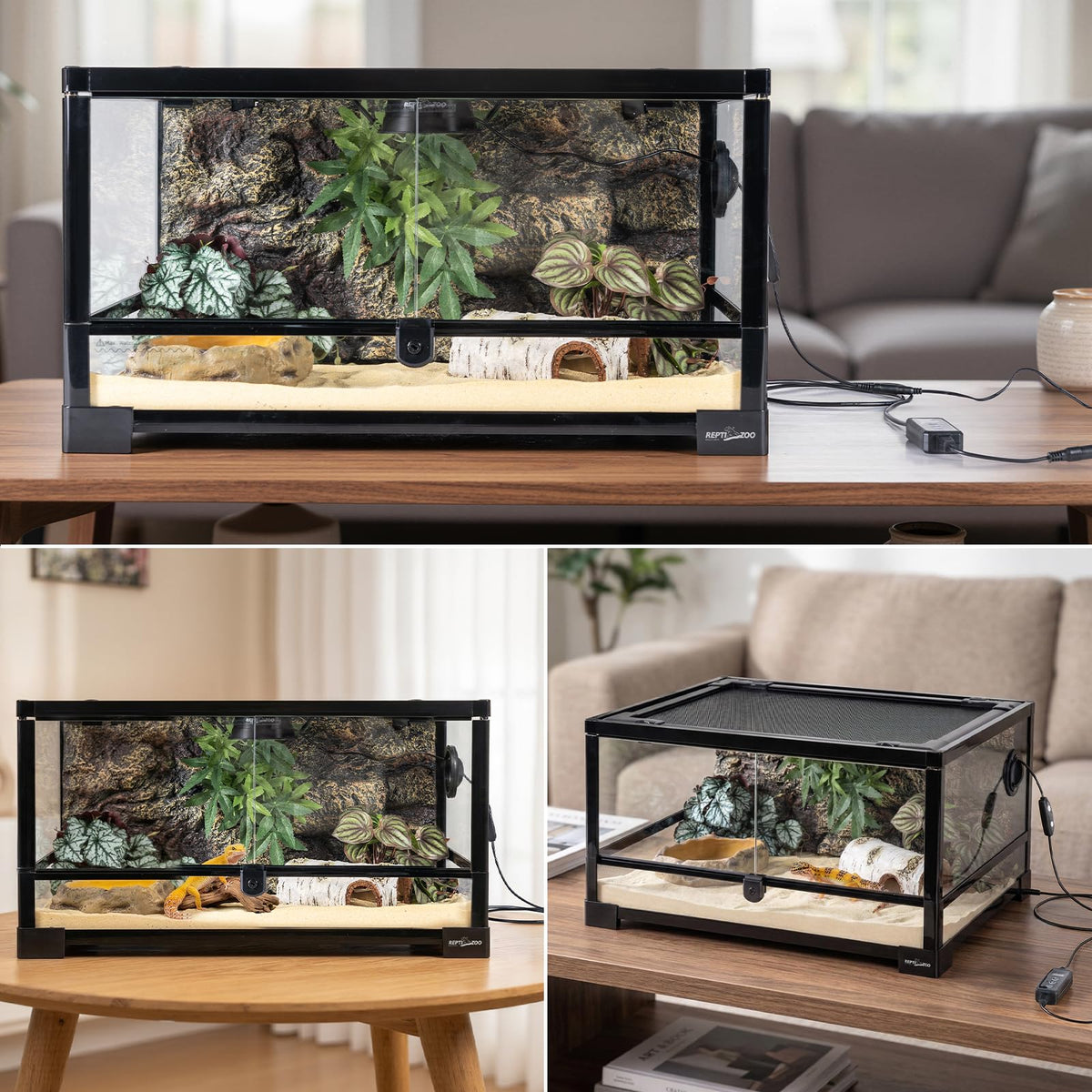 20 Gallon Reptile Terrarium Starter Kit with Heating System Thermostat UVB Light Hide Cave Feeding Dish C69496