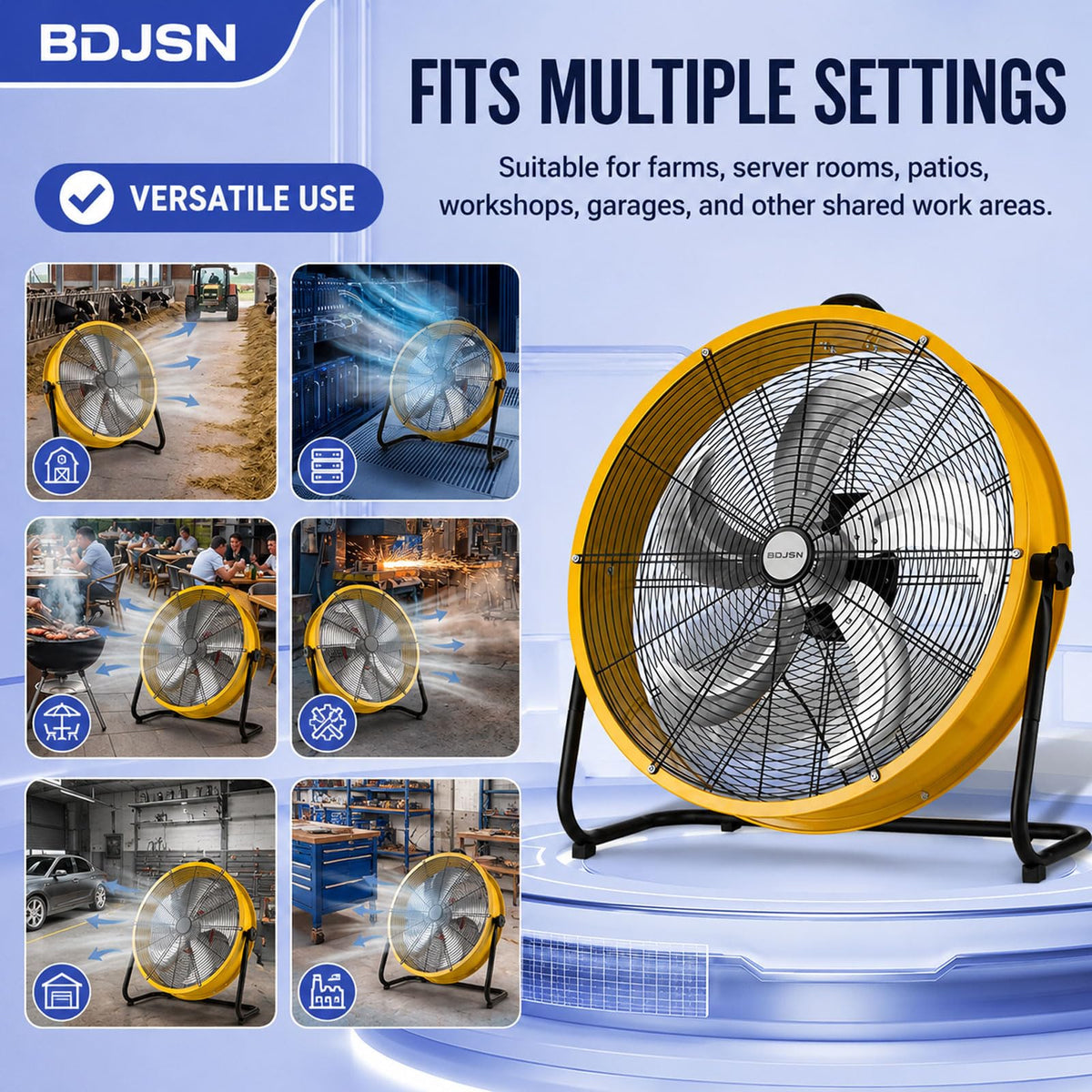 Industrial Drum Fan, 3-speed High Velocity Air Circulator With 5 Aluminum Blades, Adjustable Tilt Metal Floor Fan, 20in I63265