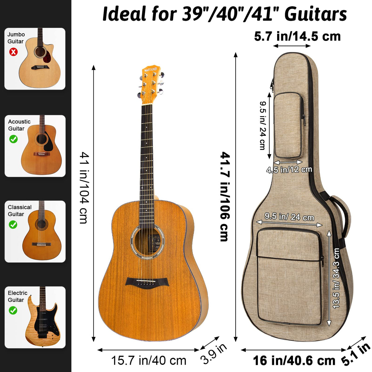 Khaki Acoustic Guitar Bag with Waterproof Padding and Shoulder Strap C8424