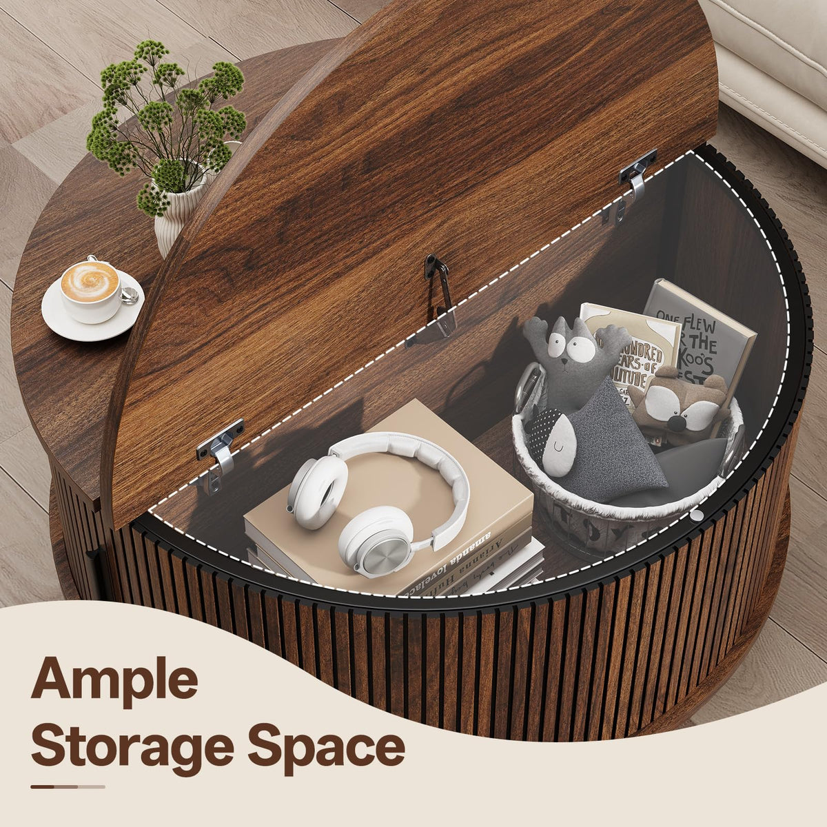 Round Coffee Table with Storage, 31.5", Walnut O9519