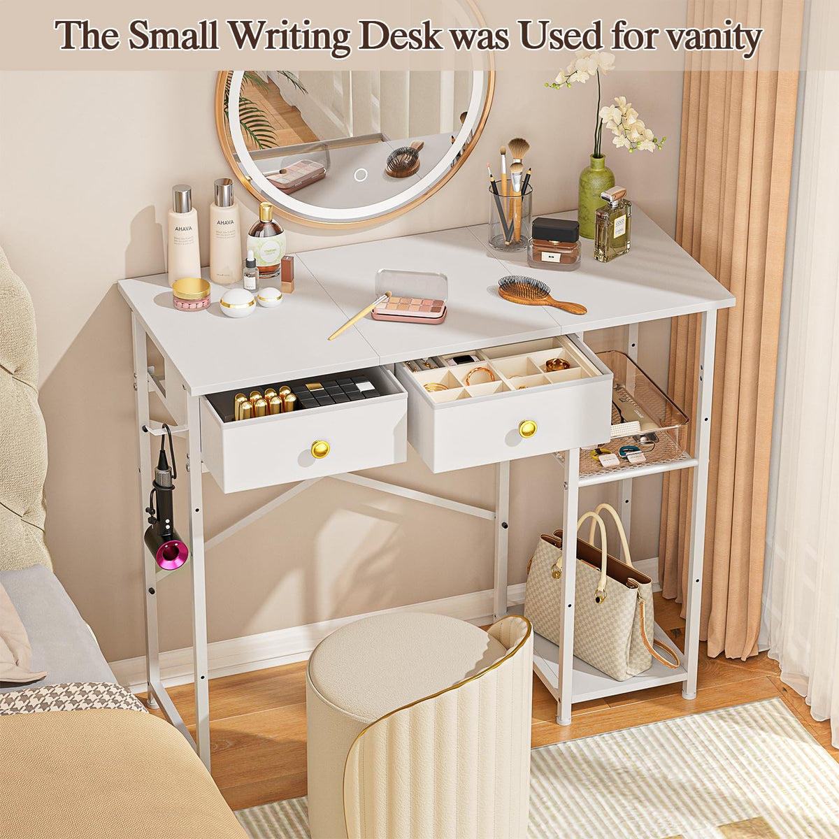 White 36 Inch Computer Desk with Drawers and Storage Shelves V4212