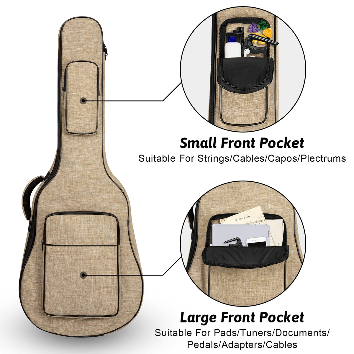 Khaki Acoustic Guitar Bag with Waterproof Padding and Shoulder Strap C8424