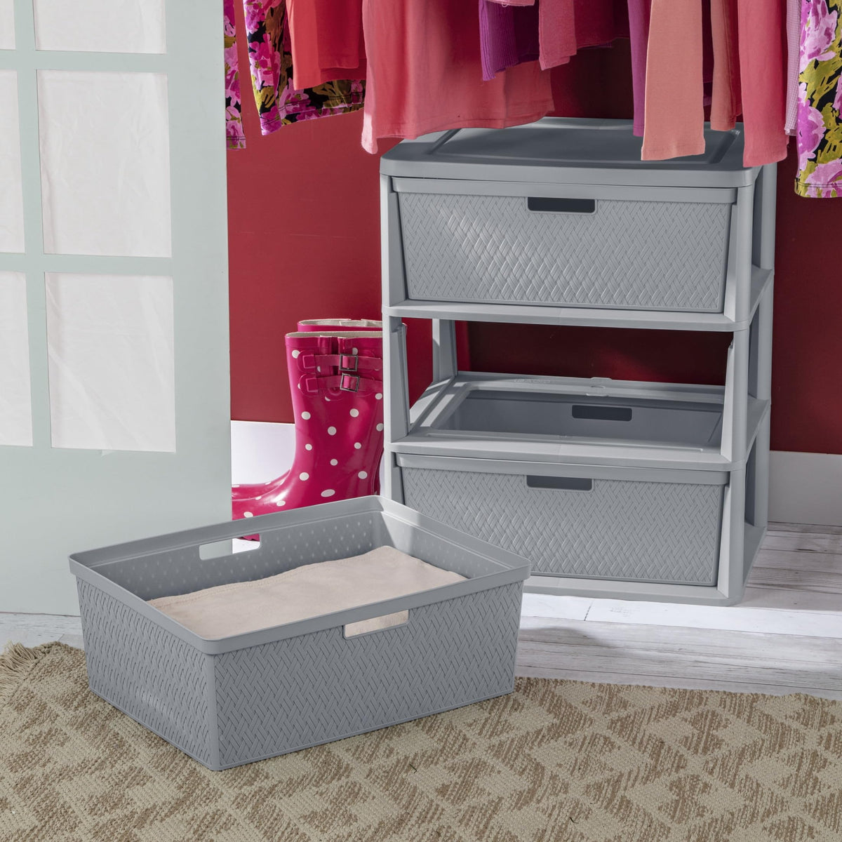 Wide 3-Drawer Plastic Storage Tower with Removable Bins, Gray B9369