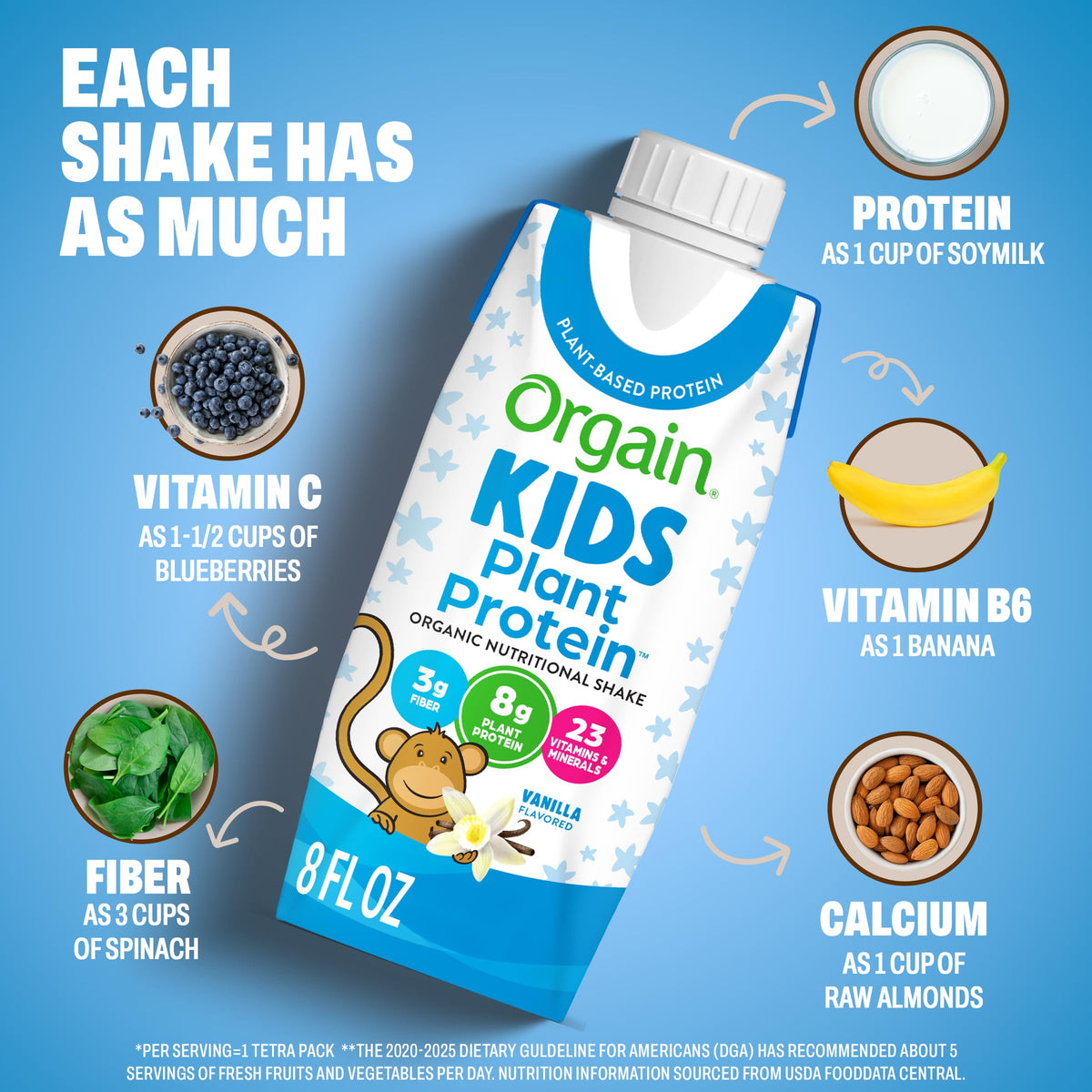 Organic Kids Vegan Protein Shakes Vanilla 8g Plant Protein 8 Fl Oz 12 Pack F341937