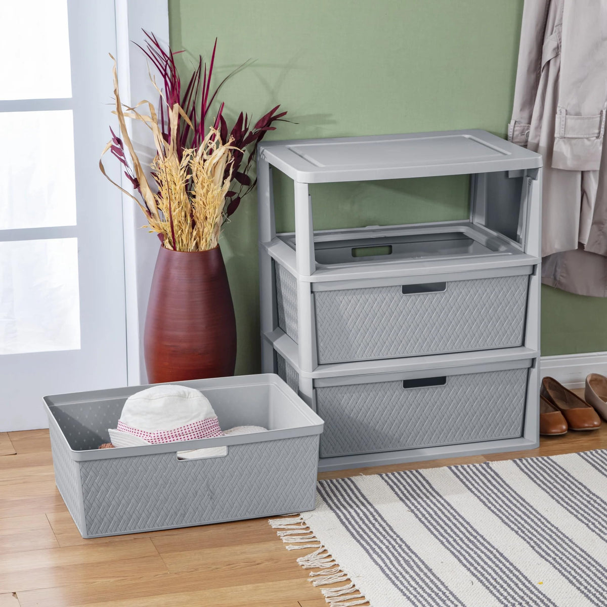 Wide 3-Drawer Plastic Storage Tower with Removable Bins, Gray B9369