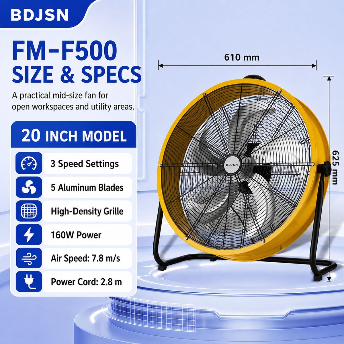 Industrial Drum Fan, 3-speed High Velocity Air Circulator With 5 Aluminum Blades, Adjustable Tilt Metal Floor Fan, 20in I63265