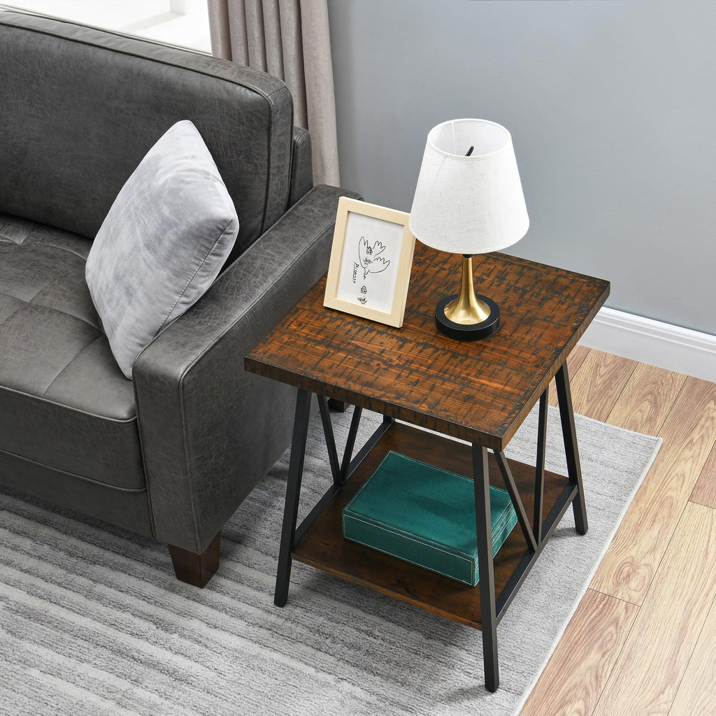 Mid Century Modern End Table with Storage, 2-Tier Open Shelves, Cherry Walnut K78687