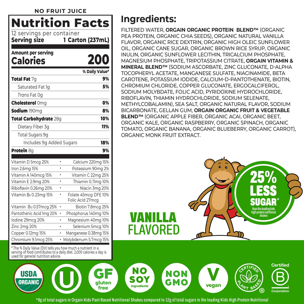 Organic Kids Vegan Protein Shakes Vanilla 8g Plant Protein 8 Fl Oz 12 Pack F341937