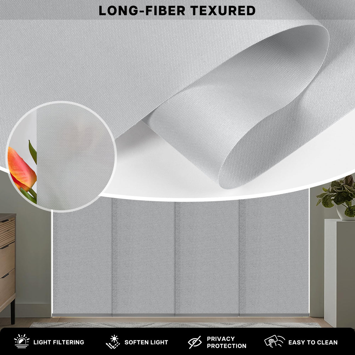 Adjustable Light Filtering Grey Panel Track Blinds Y613