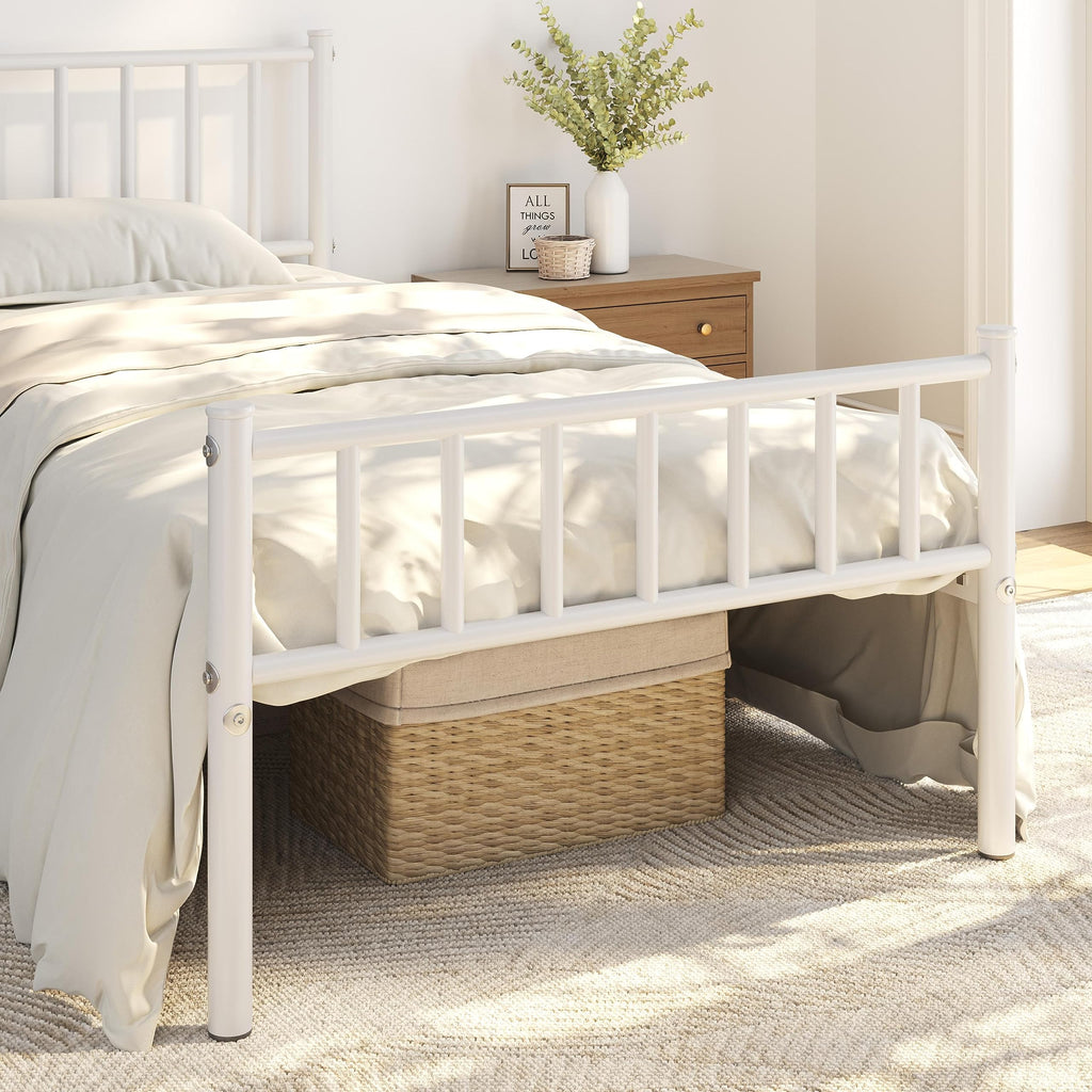Twin Size White Metal Platform Bed Frame with Spindle Headboard N44388